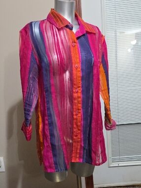 erin london Fuchsia Purple Orange Striped Sheer Button-Front Blouse